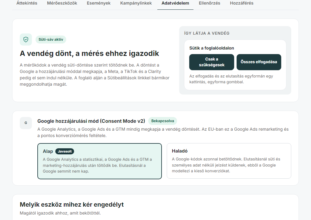 Az Adatvédelem fül: süti-sáv, Google hozzájárulási mód, mi mihez kér engedélyt