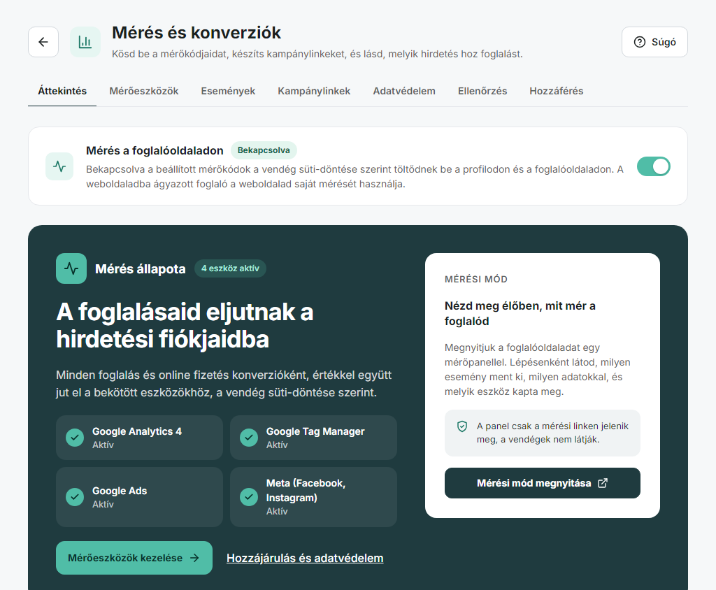 A Mérés és konverziók Áttekintés lapja: mérési állapot, mérési mód, foglalások forrás szerint