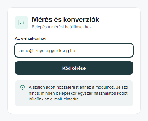 A belépőoldal: e-mail-cím megadása, majd egyszer használatos kód