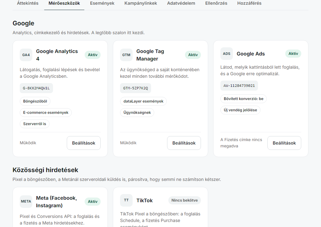 A Mérőeszközök lap: Google, közösségi és viselkedés-mérő eszközök kártyái