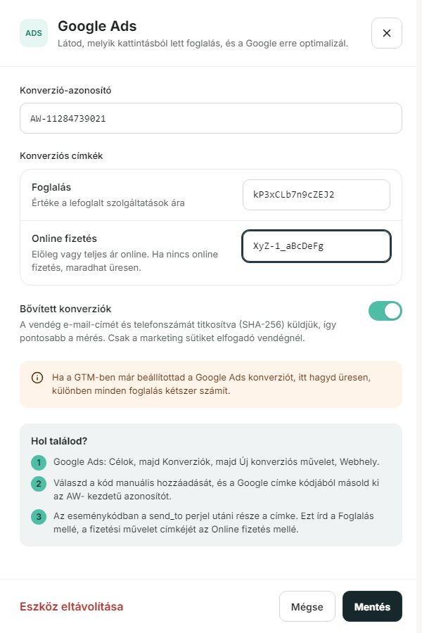 A Google Ads beállító panelje: konverzió-azonosító, Foglalás és Online fizetés címke, bővített konverziók