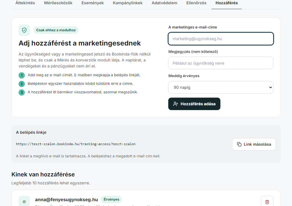 A Hozzáférés fül: e-mail-cím, megjegyzés, érvényesség, és a hozzáférések listája