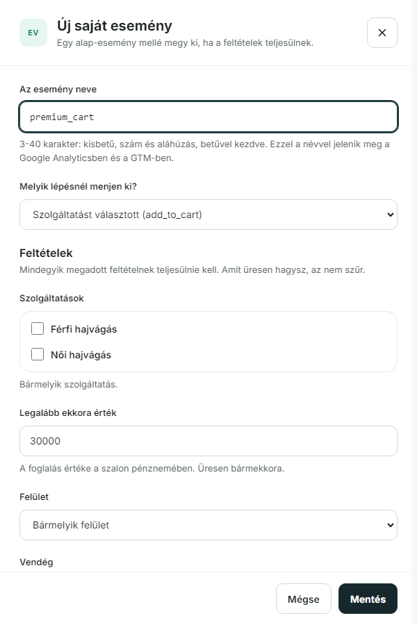 Új saját esemény: név, lépés, feltételek és Google Ads címke