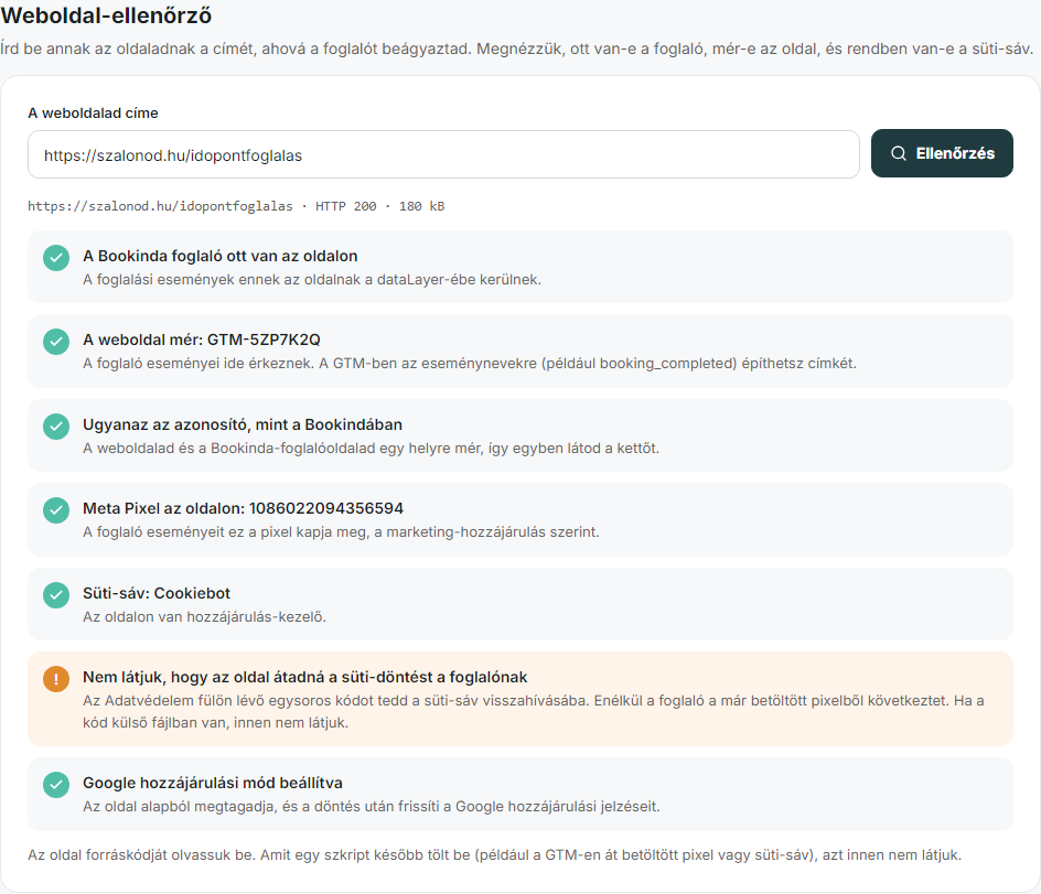 Weboldal-ellenőrző: megtalált foglaló, mérőkódok, süti-sáv és a teendők
