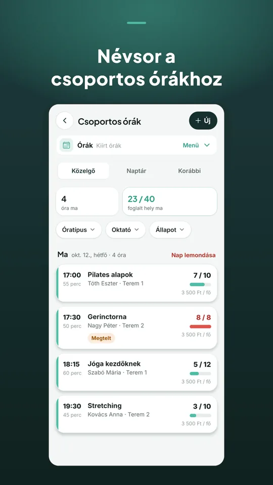 Bookinda Business: csoportos órák listája a foglalt helyekkel és a névsorral