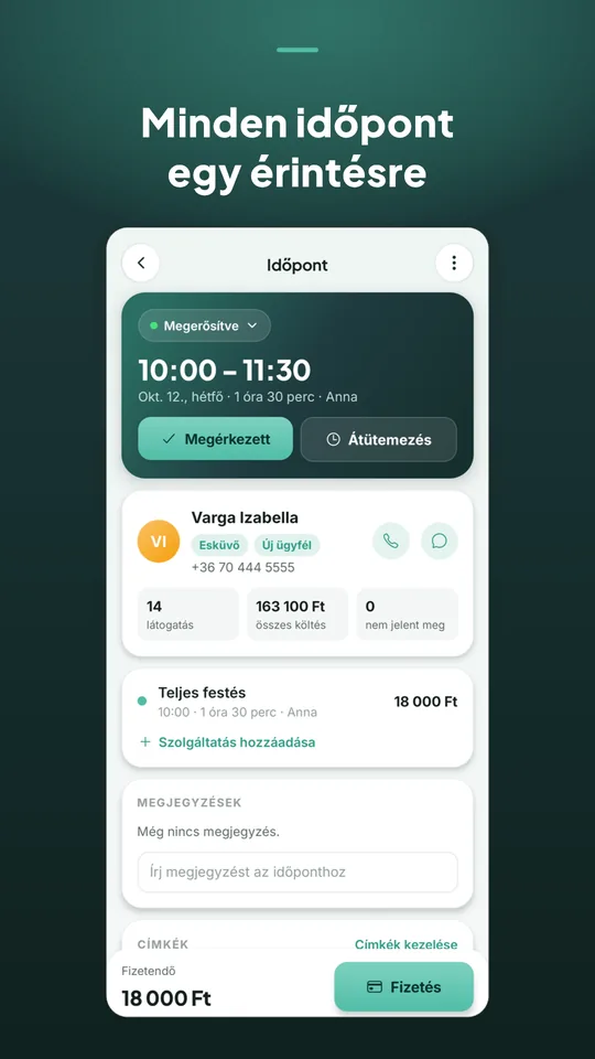 Bookinda Business: egy időpont részletei, a vendég adataival, megérkezett és átütemezés gombbal