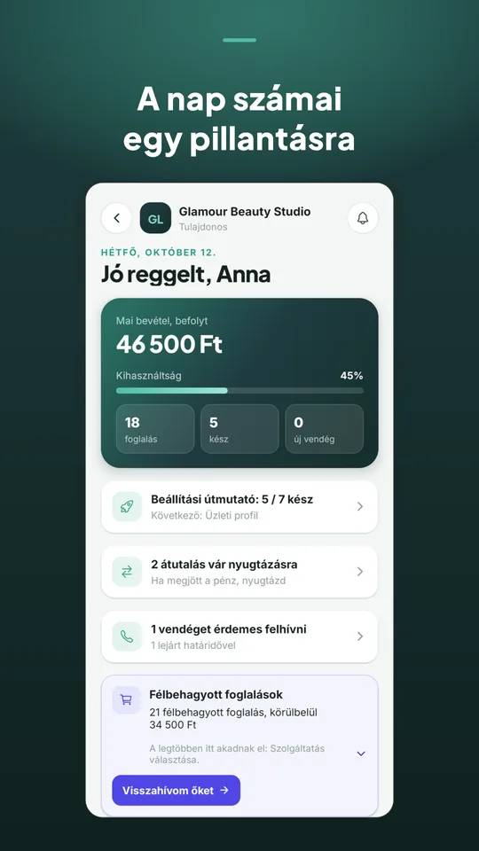 Bookinda Business: vezérlőpult a napi bevétellel, kihasználtsággal és a teendőkkel