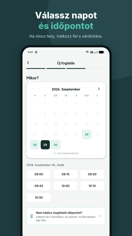 Bookinda app: nap és időpont választása, várólistára iratkozással