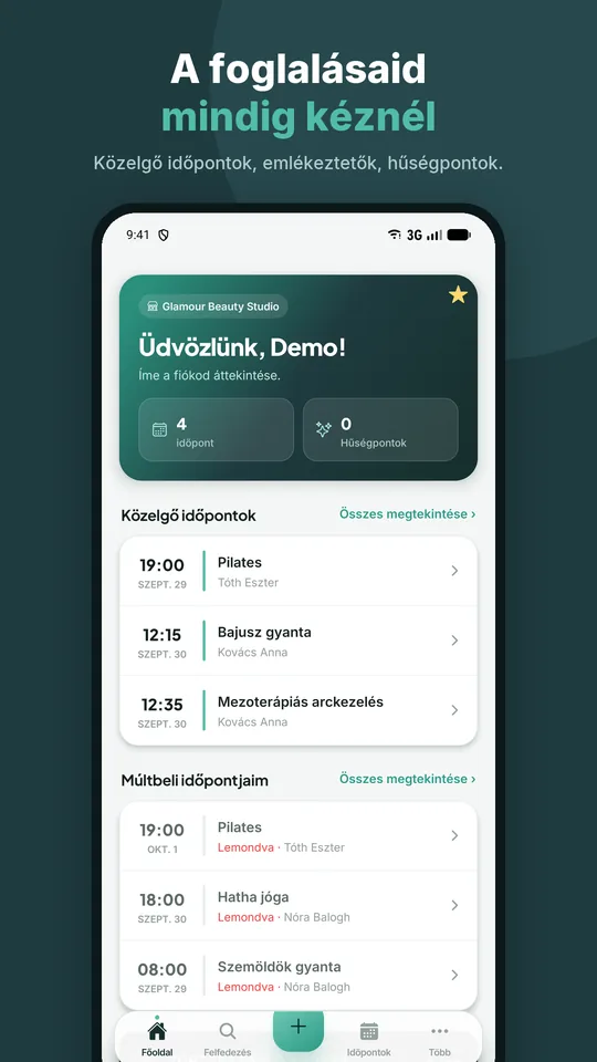Bookinda app: közelgő és korábbi időpontok, hűségpontok