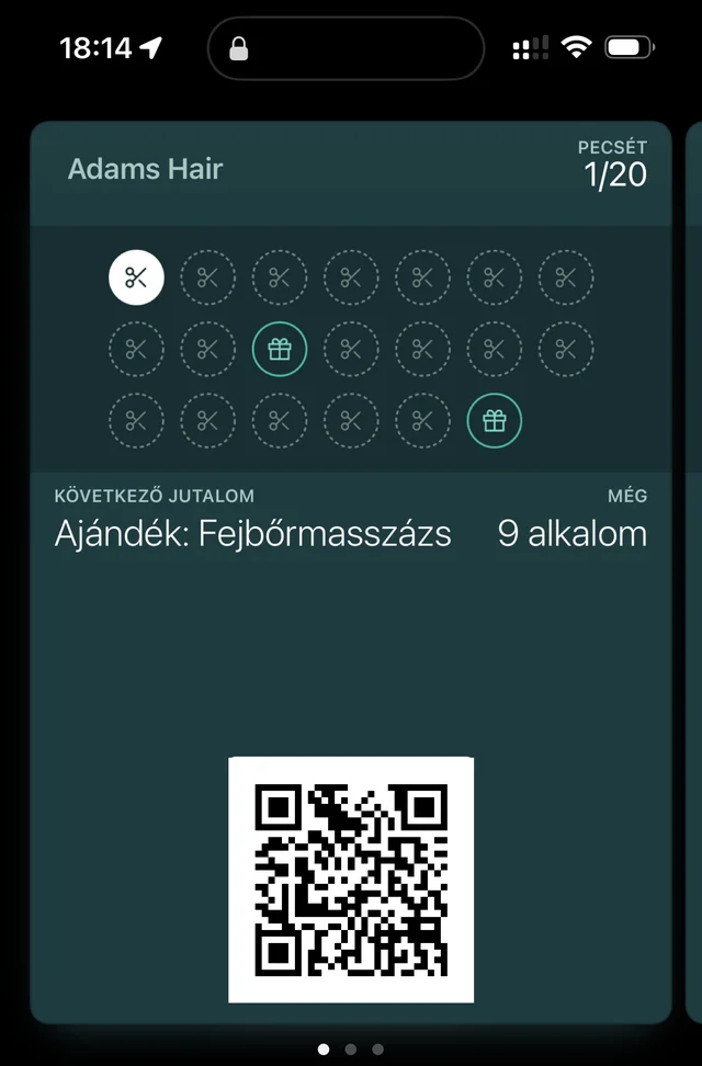 Valódi pecsétkártya az Apple Walletben egy iPhone-on: 20 alkalmas fodrász kártya, a következő jutalom és a hátralévő alkalmak